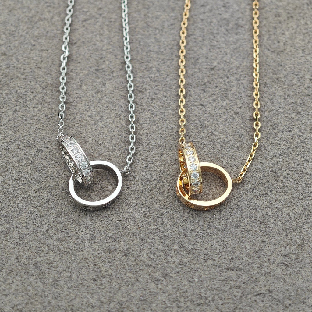 [Lumi Jewelry]LOVE DOUBLE RING HALF DIAMOND NECKLACE
