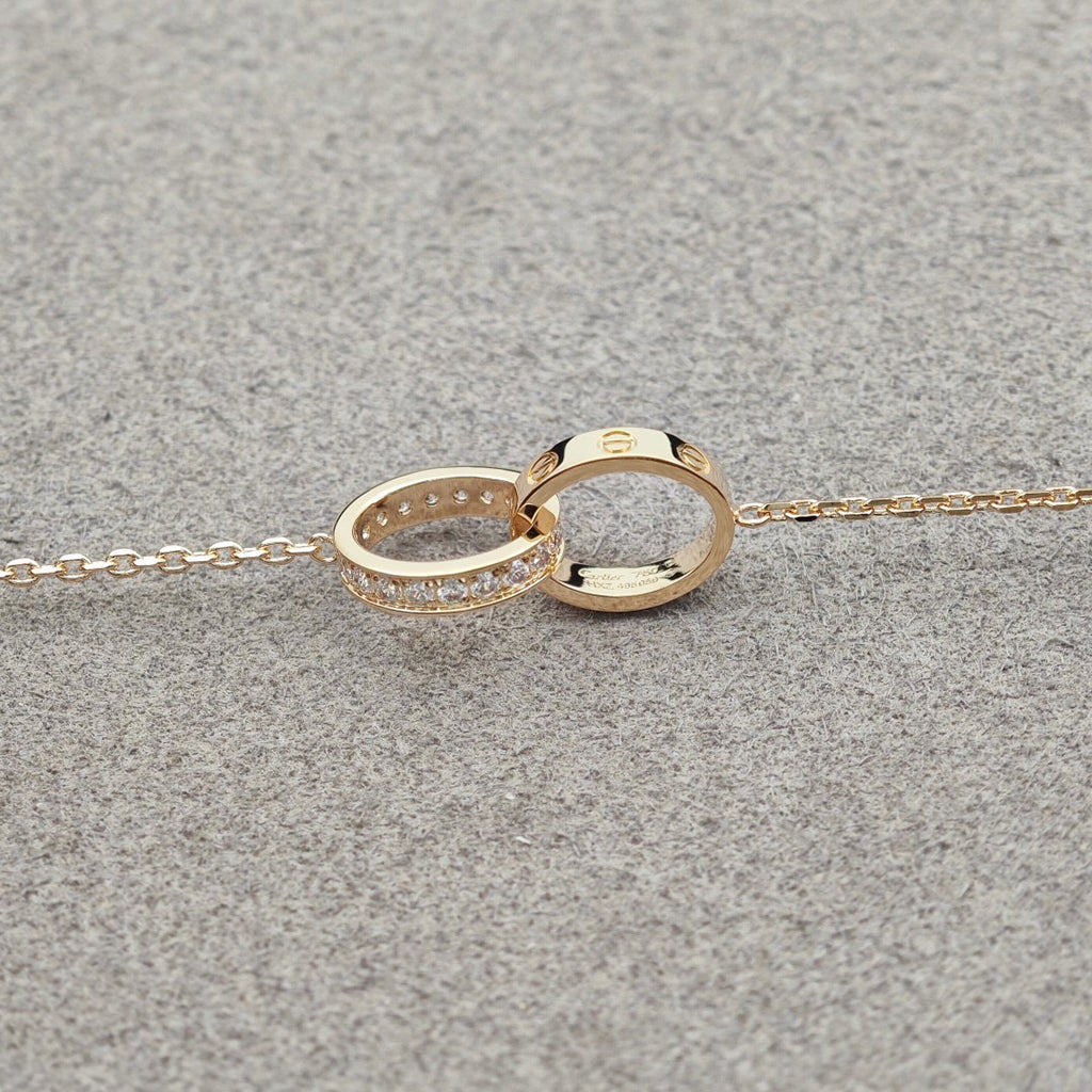 [Lumi Jewelry]LOVE DOUBLE RING HALF DIAMOND NECKLACE