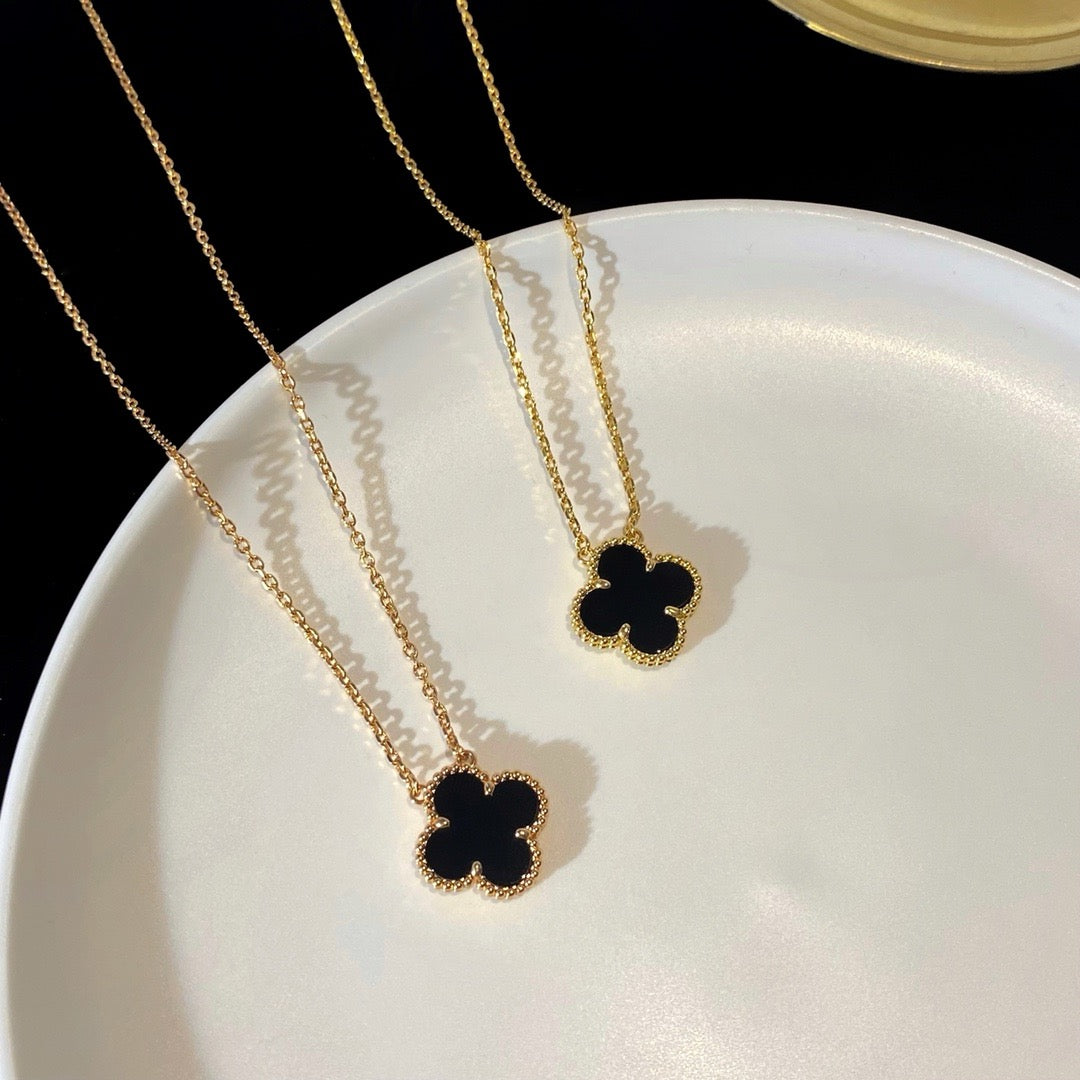 [Lumi Jewelry]CLOVER 15MM BLACK ONYX SINGLE FLOWER NECKLACE
