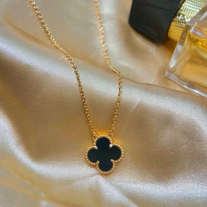 [Lumi Jewelry]CLOVER 15MM BLACK ONYX SINGLE FLOWER NECKLACE
