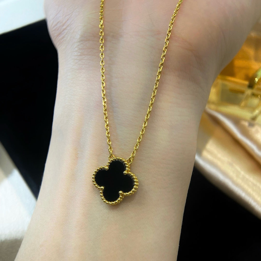 [Lumi Jewelry]CLOVER 15MM BLACK ONYX SINGLE FLOWER NECKLACE