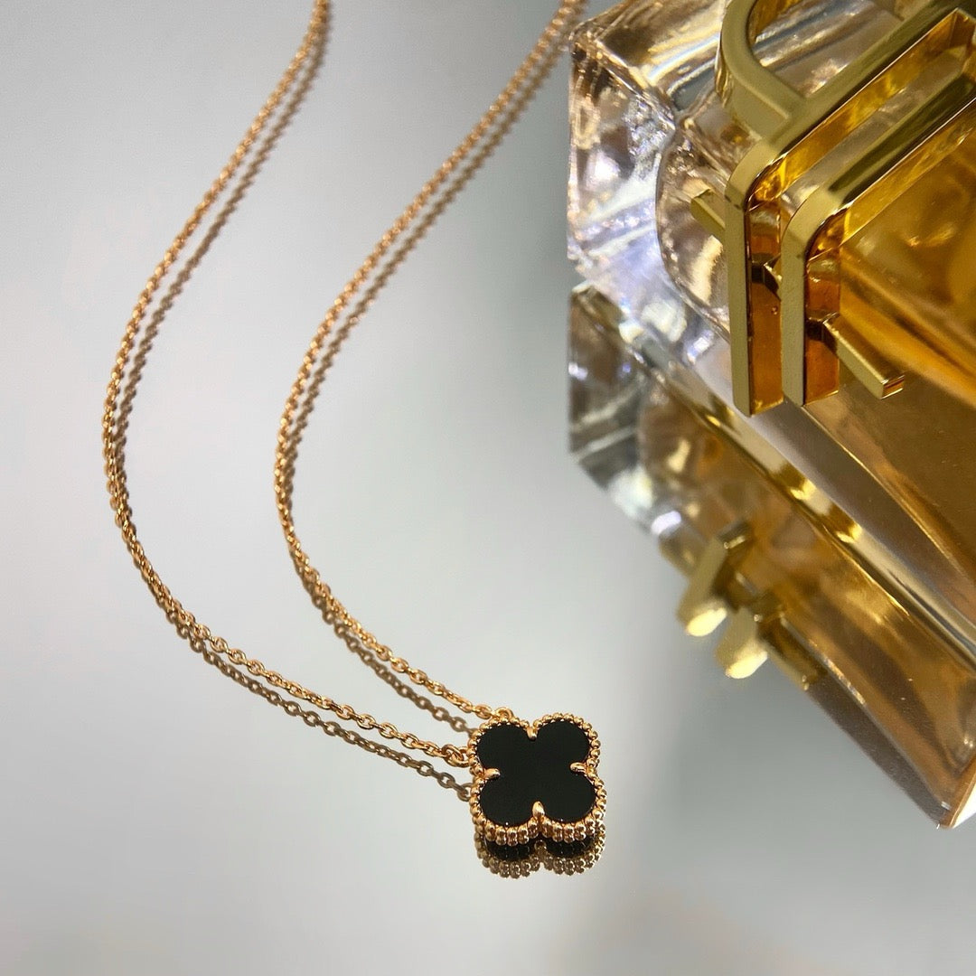 [Lumi Jewelry]CLOVER 15MM BLACK ONYX SINGLE FLOWER NECKLACE