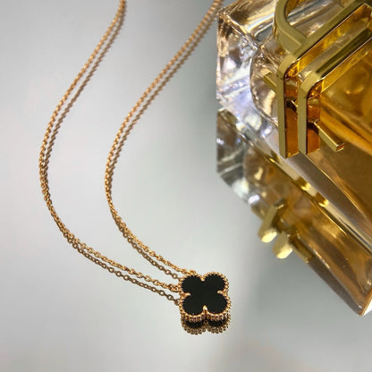 [Lumi Jewelry]CLOVER 15MM BLACK ONYX SINGLE FLOWER NECKLACE