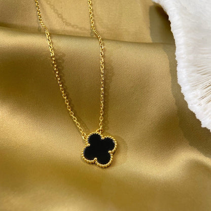 [Lumi Jewelry]CLOVER 15MM BLACK ONYX SINGLE FLOWER NECKLACE