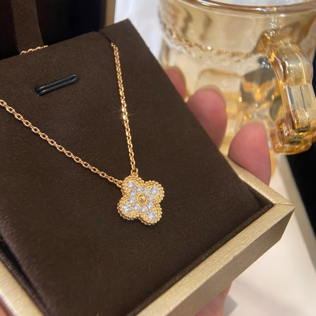 [Lumi Jewelry]CLOVER 15MM DIAMOND SINGLE FLOWER NECKLACE