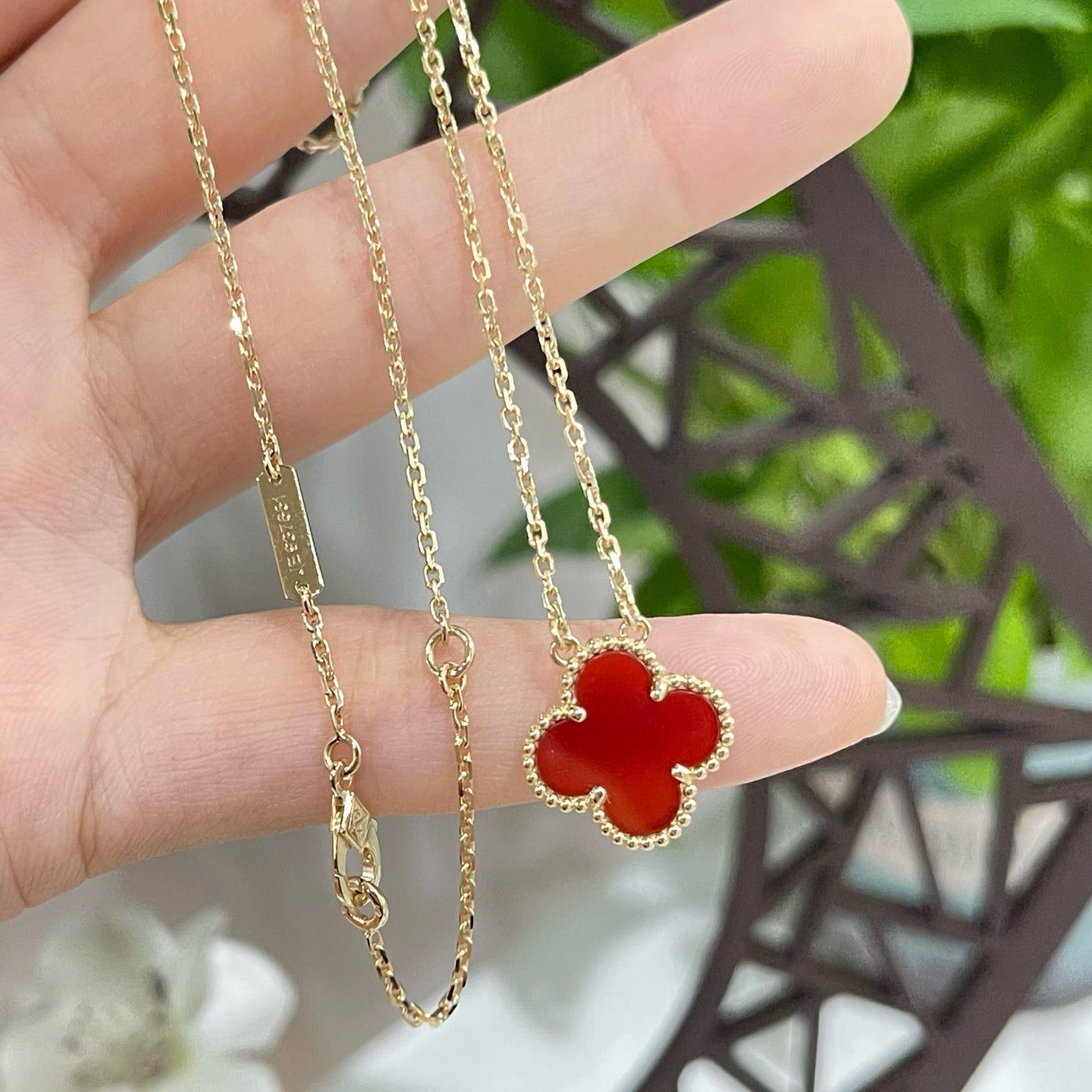 [Lumi Jewelry]CLOVER 15MM CARNELIAN SINGLE FLOWER NECKLACE
