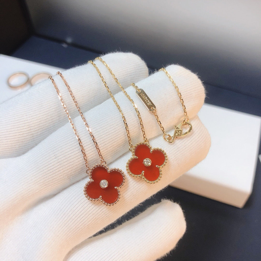 [Lumi Jewelry]CLOVER 15MM DIAMOND CARNELIAN NECKLACE
