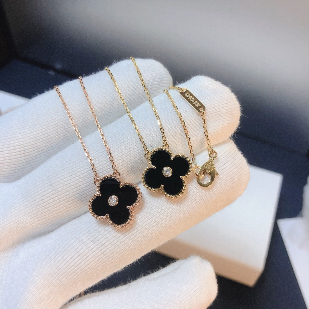 [Lumi Jewelry]CLOVER 15MM DIAMOND ONYX NECKLACE