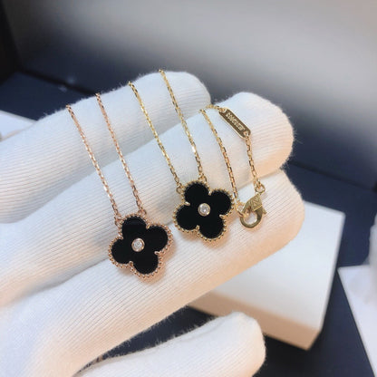 [Lumi Jewelry]CLOVER 15MM DIAMOND ONYX NECKLACE