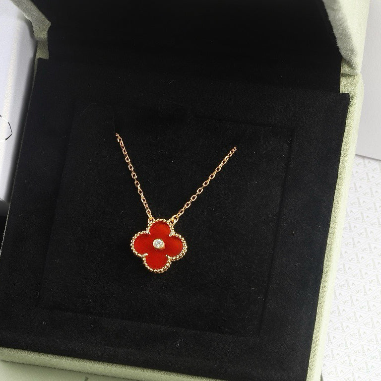[Lumi Jewelry]CLOVER 15MM DIAMOND CARNELIAN NECKLACE