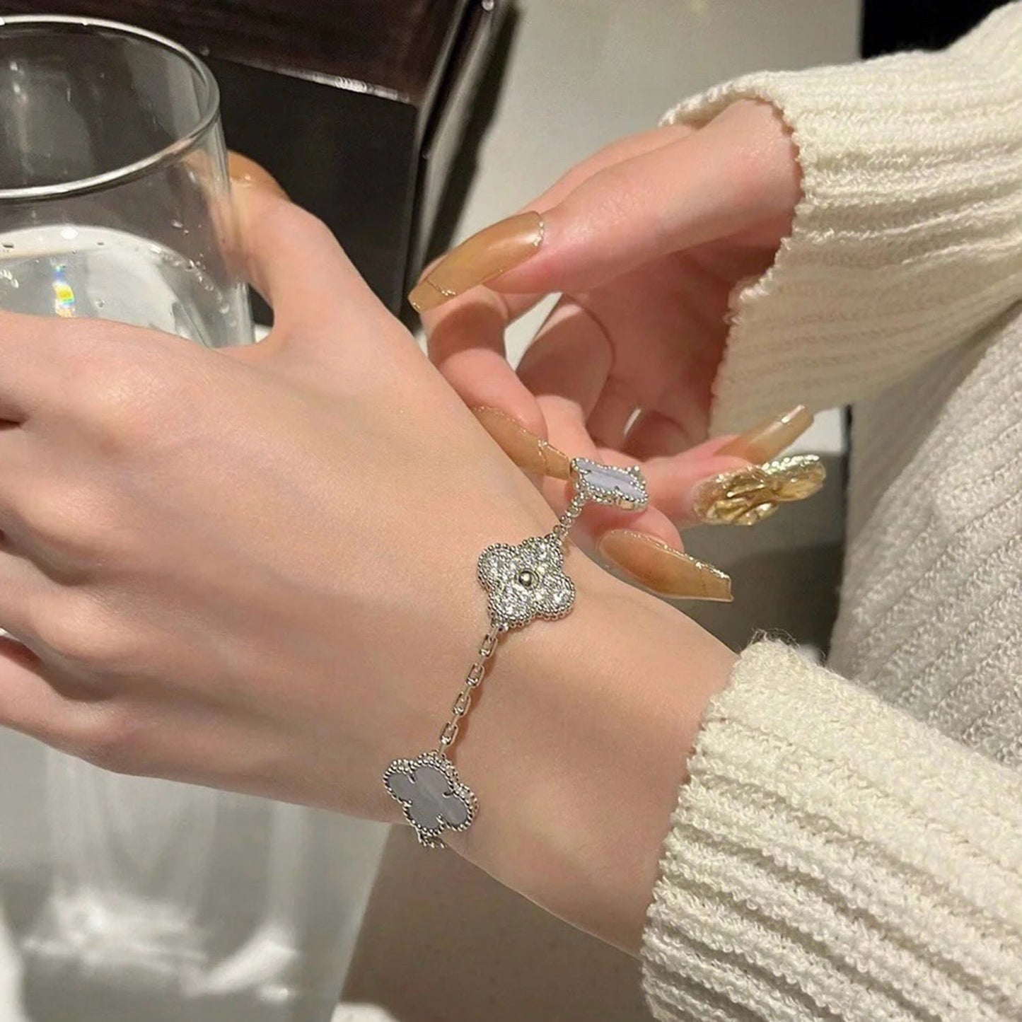 [Lumi Jewelry]CLOVER  5 MOTIF DIAMOND PURPLE CHALCEDONY BRACELET SILVER