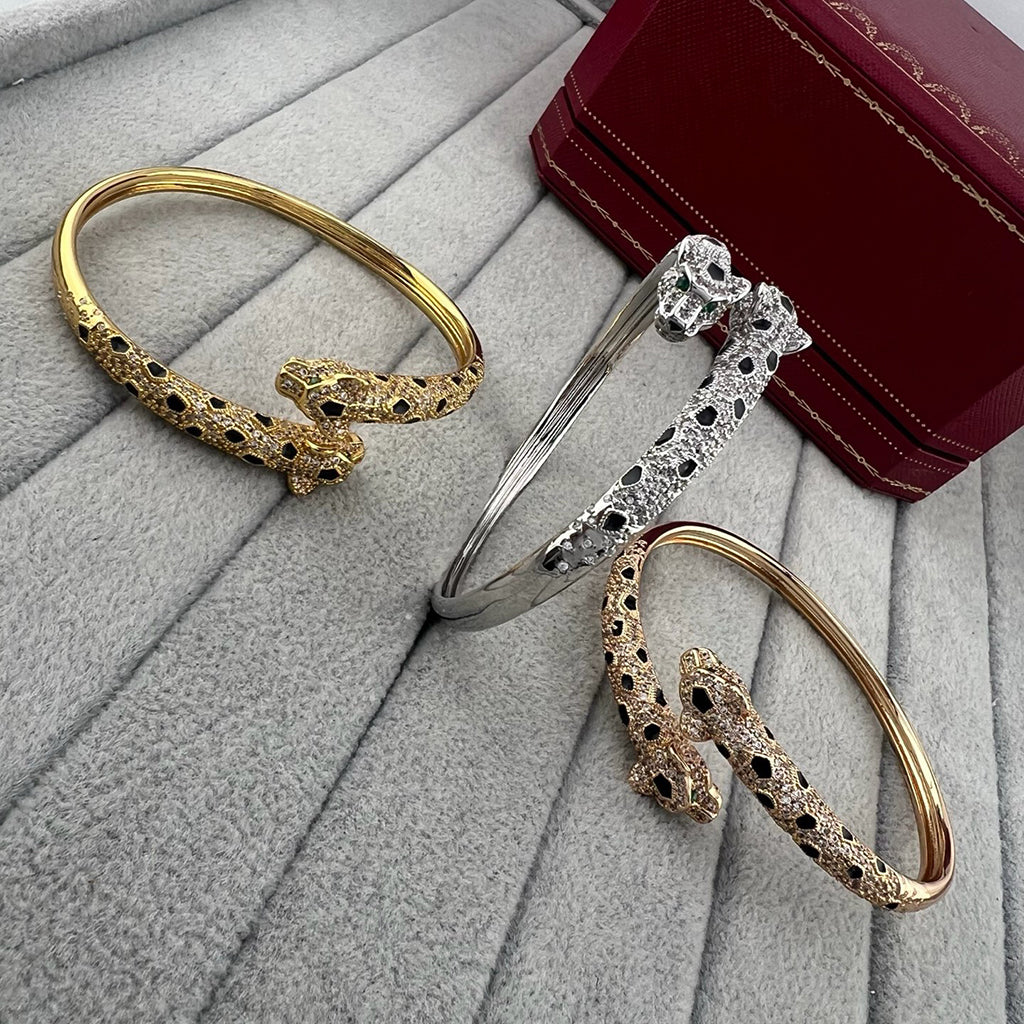 [Lumi Jewelry]PANTHERE DOUBLE HEADED HALF DIAMOND OPEN BRACELET