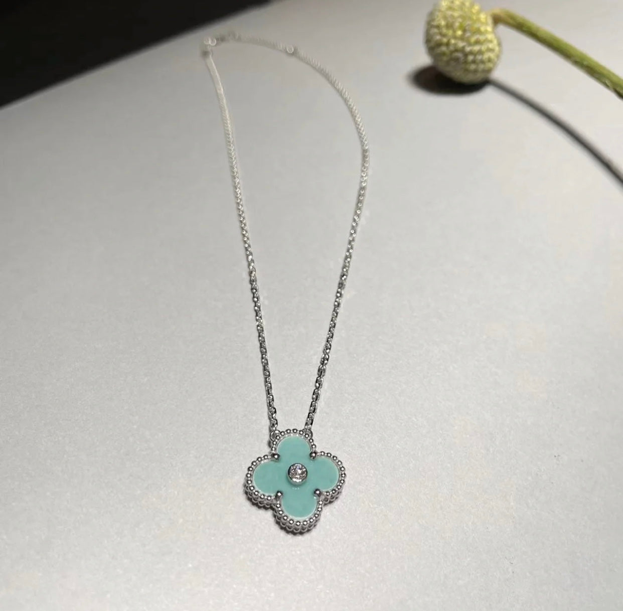 [Lumi Jewelry]CLOVER 1 DIAMOND LIGHT BLUE SILVER NECKLACE