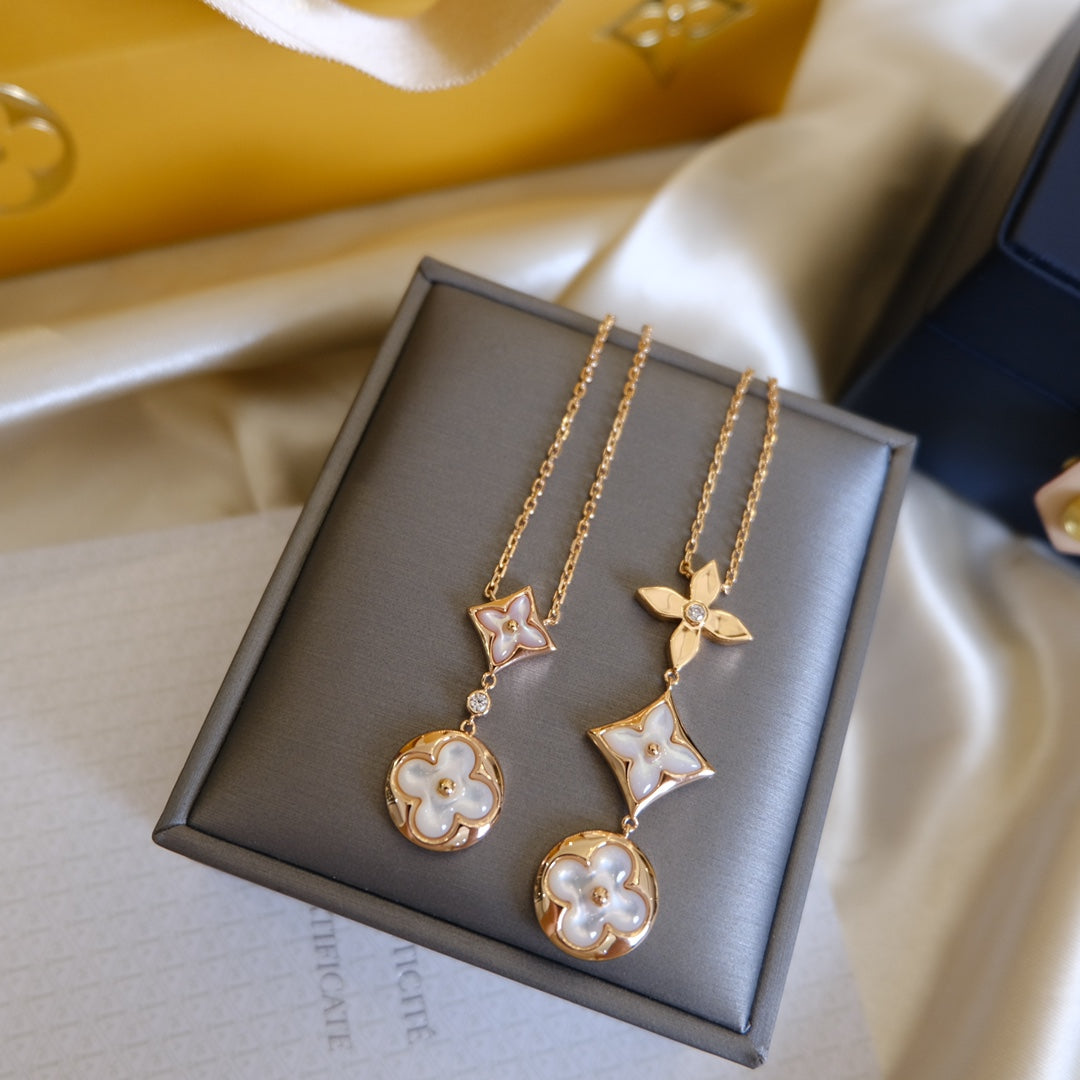[Lumi Jewelry]COLOR BLOSSOM LARIAT NECKLACE PINK GOLD WHITE MOTHER PEARL AND DIAMOND