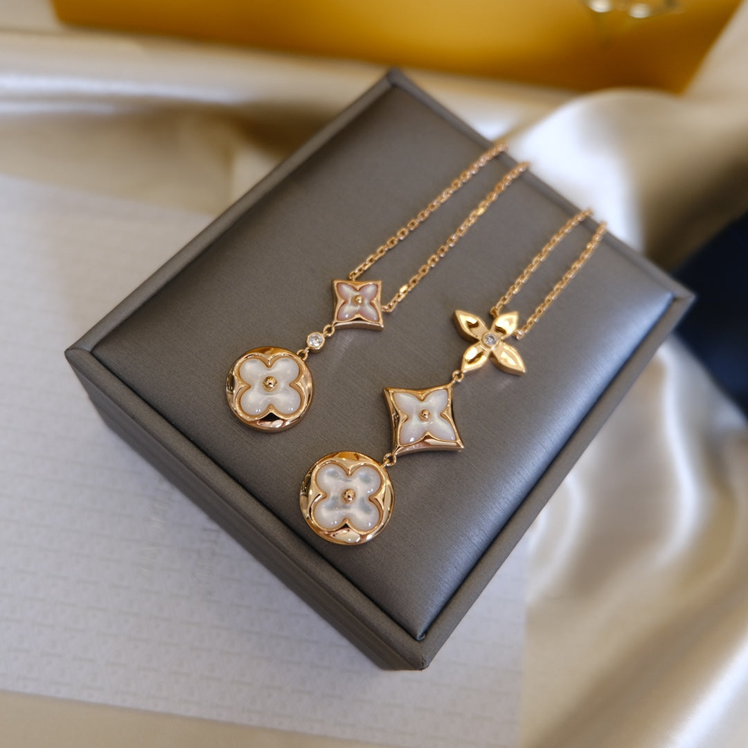 [Lumi Jewelry]COLOR BLOSSOM LARIAT NECKLACE PINK GOLD WHITE MOTHER PEARL AND DIAMOND