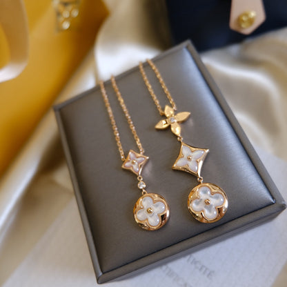 [Lumi Jewelry]COLOR BLOSSOM LARIAT NECKLACE PINK GOLD WHITE MOTHER PEARL AND DIAMOND