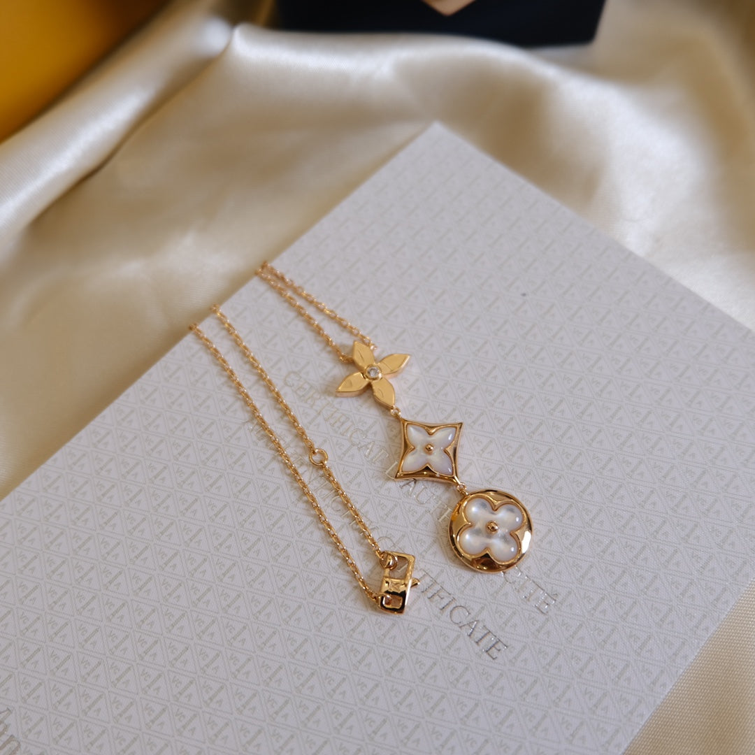 [Lumi Jewelry]COLOR BLOSSOM LARIAT NECKLACE PINK GOLD WHITE MOTHER PEARL AND DIAMOND