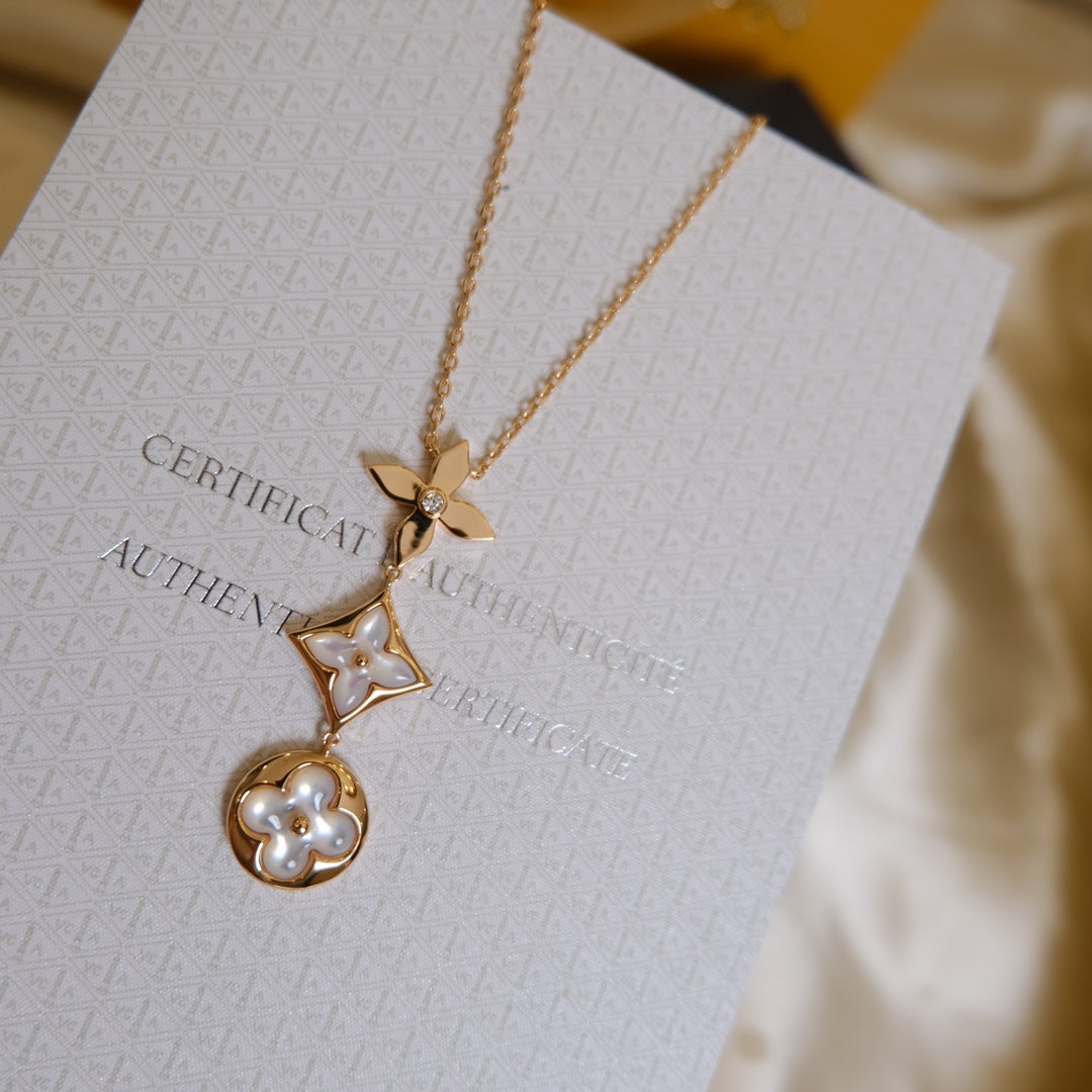 [Lumi Jewelry]COLOR BLOSSOM LARIAT NECKLACE PINK GOLD WHITE MOTHER PEARL AND DIAMOND