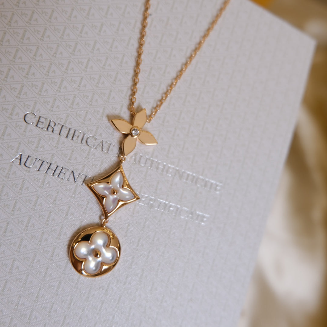 [Lumi Jewelry]COLOR BLOSSOM LARIAT NECKLACE PINK GOLD WHITE MOTHER PEARL AND DIAMOND