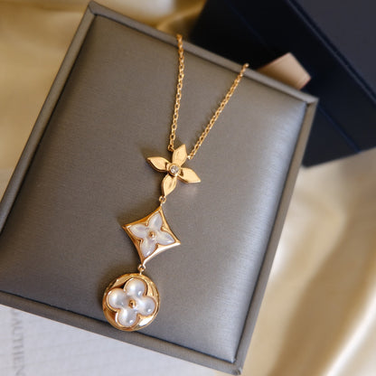 [Lumi Jewelry]COLOR BLOSSOM LARIAT NECKLACE PINK GOLD WHITE MOTHER PEARL AND DIAMOND