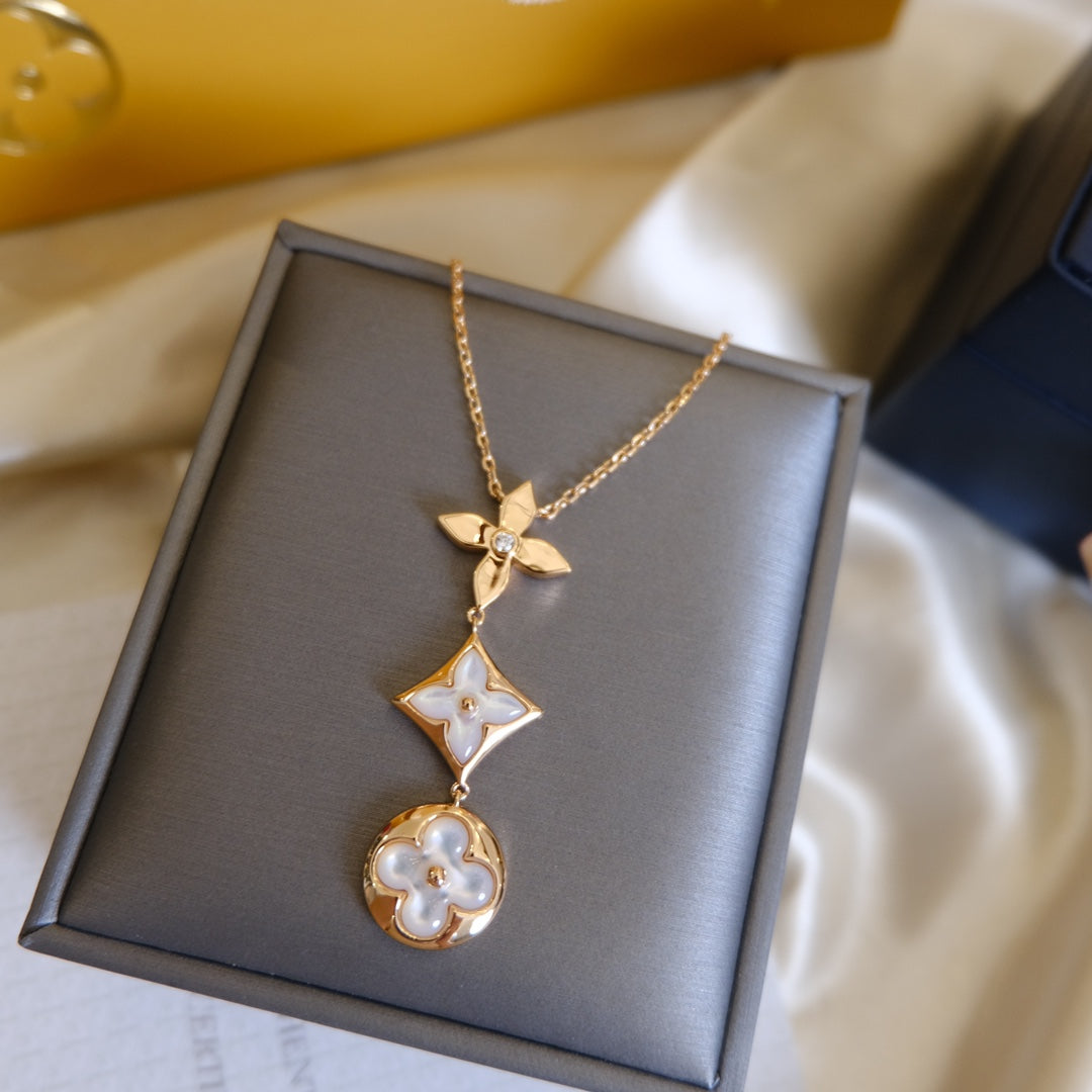 [Lumi Jewelry]COLOR BLOSSOM LARIAT NECKLACE PINK GOLD WHITE MOTHER PEARL AND DIAMOND