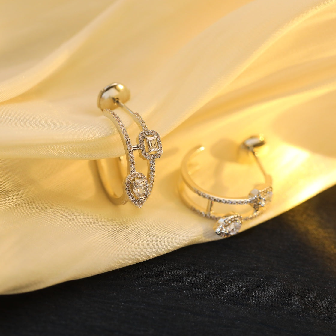 [Lumi Jewelery]CREOLES MY TWIN 2 RANGS SILVER DIAMOND EARRINGS