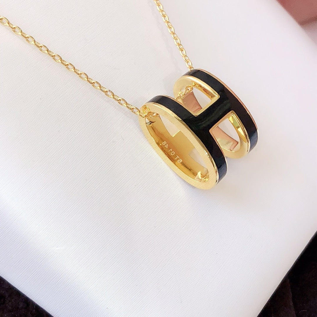 [Lumi Jewelry]HM CLIC BLACK ENAMEL GOLD NECKLACE