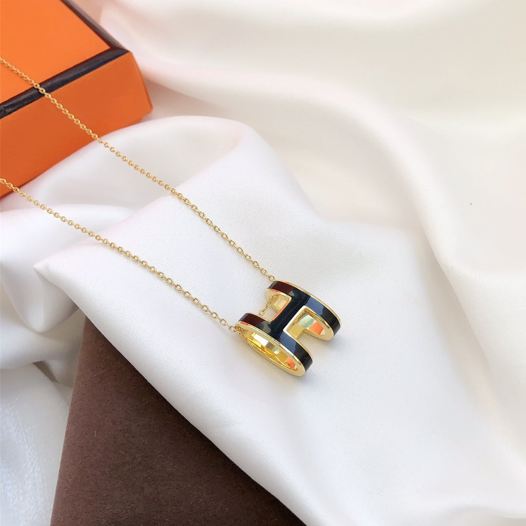 [Lumi Jewelry]HM CLIC BLACK ENAMEL GOLD NECKLACE