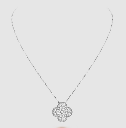 [Lumi Jewelry]CLOVER 25MM LARGE PENDANT DIAMOND PAVED SILVER NECKLACE