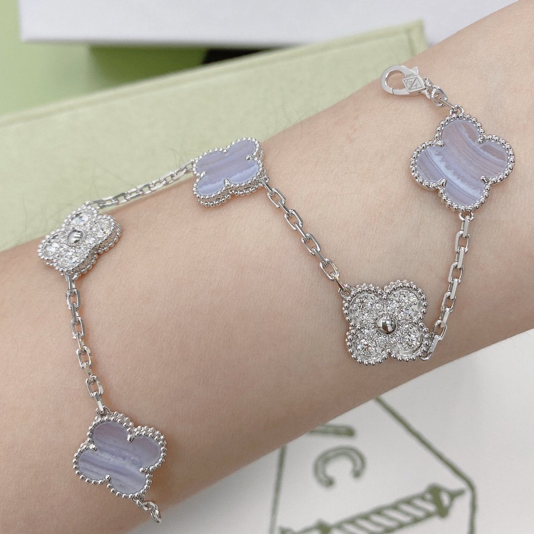 [Lumi Jewelry]CLOVER  5 MOTIF DIAMOND PURPLE CHALCEDONY BRACELET SILVER