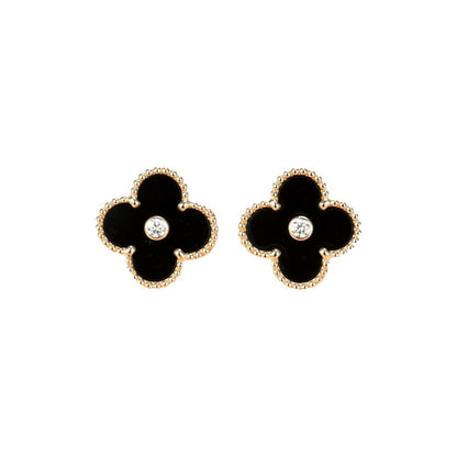 [Lumi Jewelry]CLOVER MEDIUM 1 MOTIFS ONYX DIAMOND EARRINGS