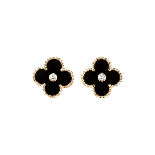 [Lumi Jewelry]CLOVER MEDIUM 1 MOTIFS ONYX DIAMOND EARRINGS