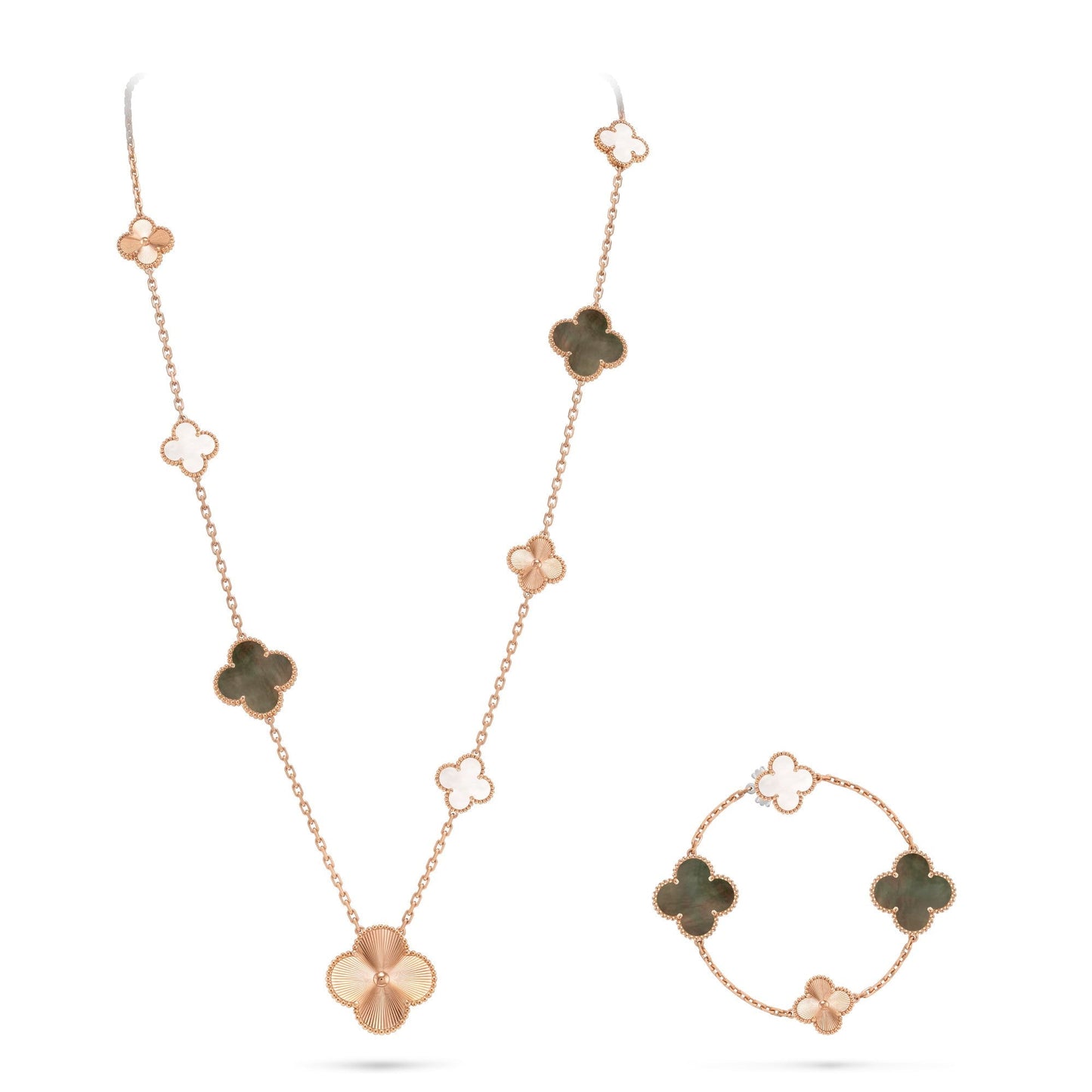 [Lumi Jewelry]DETACHABLE CLOVER 15(11+4) FLOWER ROSE GOLD NECKLACE SET