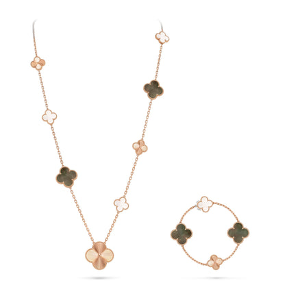[Lumi Jewelry]DETACHABLE CLOVER 15(11+4) FLOWER ROSE GOLD NECKLACE SET