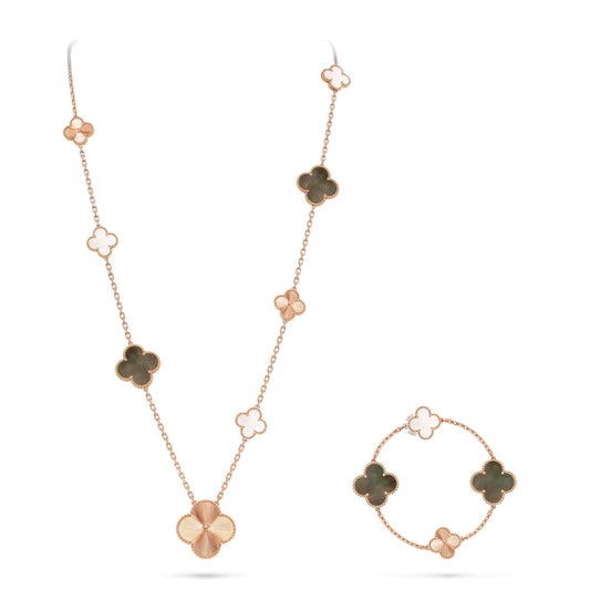 [Lumi Jewelry]DETACHABLE CLOVER 15(11+4) FLOWER ROSE GOLD NECKLACE SET