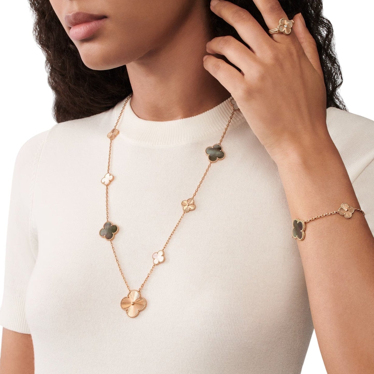 [Lumi Jewelry]DETACHABLE CLOVER 15(11+4) FLOWER ROSE GOLD NECKLACE SET