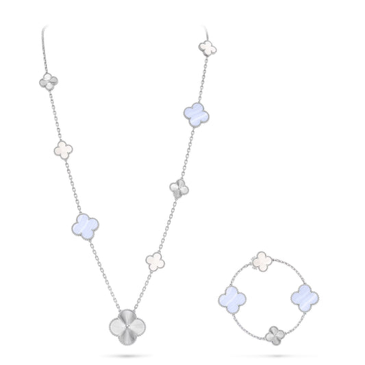 [Lumi Jewelry]DETACHABLE CLOVER 15(11+4) FLOWER SILVER NECKLACE SET