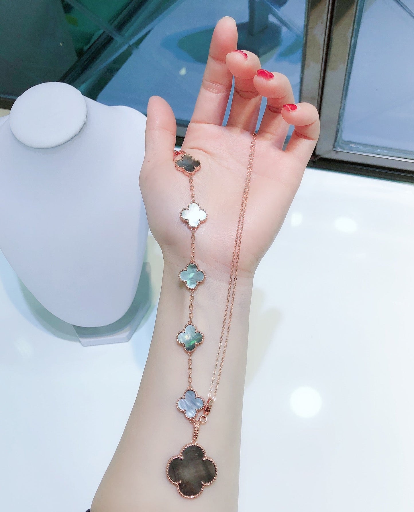 [Lumi Jewelry]COMBINED BRACELET 5 MOTIFS AND NECKLACE DARK MOP ROSE GOLD