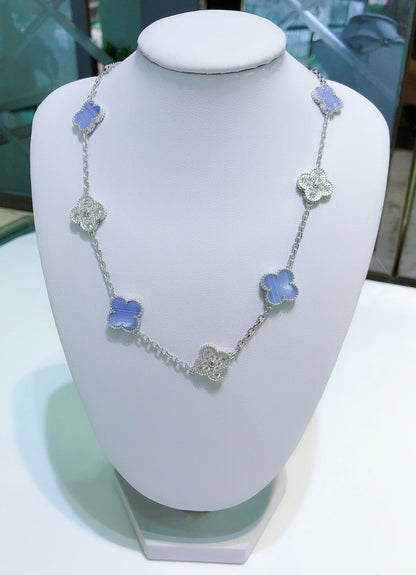 [Lumi Jewelry]CLOVER 10 MOTIFS CHALCEDONY DIAMONDS SILVER NECKLACE