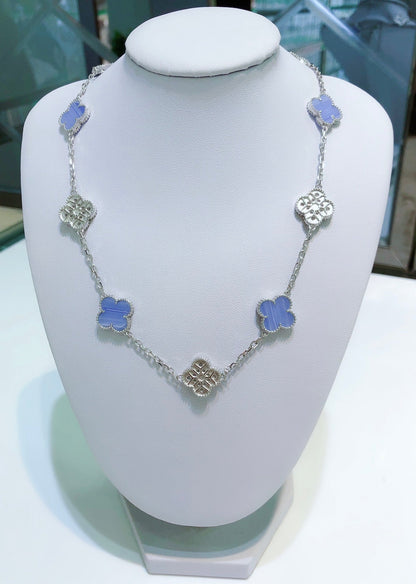 [Lumi Jewelry]CLOVER 10 MOTIFS CHALCEDONY DIAMONDS SILVER NECKLACE