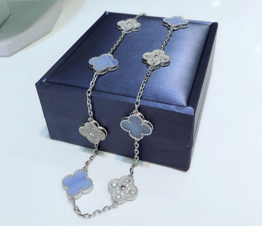 [Lumi Jewelry]CLOVER 10 MOTIFS CHALCEDONY DIAMONDS SILVER NECKLACE