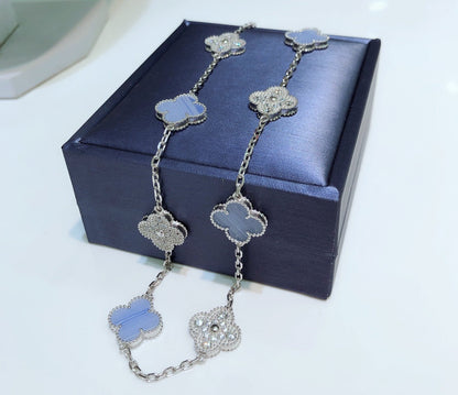 [Lumi Jewelry]CLOVERS THE 10-MOTIFS CHALCEDONY DIAMONDS SILVER NECKLACE