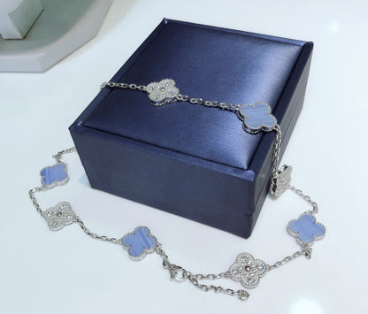 [Lumi Jewelry]CLOVER 10 MOTIFS CHALCEDONY DIAMONDS SILVER NECKLACE