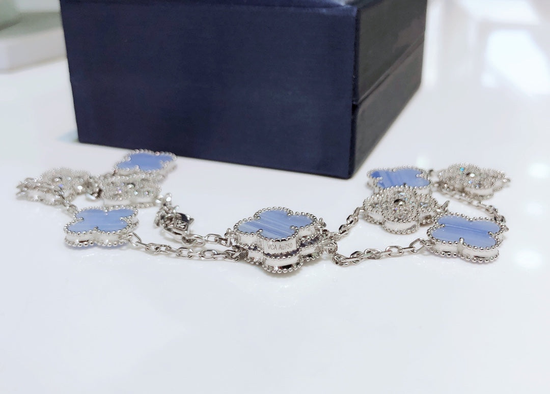 [Lumi Jewelry]CLOVERS THE 10-MOTIFS CHALCEDONY DIAMONDS SILVER NECKLACE