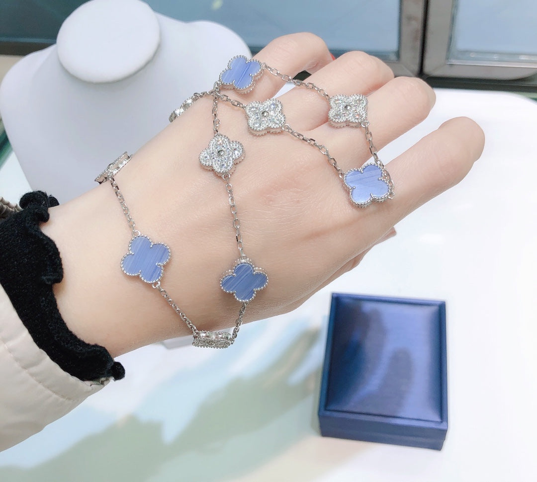 [Lumi Jewelry]CLOVERS THE 10-MOTIFS CHALCEDONY DIAMONDS SILVER NECKLACE