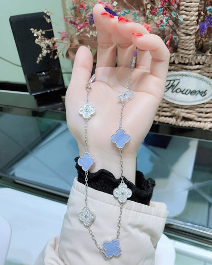 [Lumi Jewelry]CLOVER 10 MOTIFS CHALCEDONY DIAMONDS SILVER NECKLACE