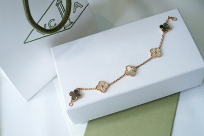 [Lumi Jewelry]CLOVER 5 MOTIFS DARK MOP AND DIAMONDS PINK GOLD BRACELET