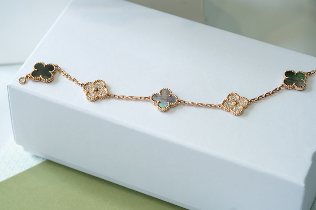 [Lumi Jewelry]CLOVER 5 MOTIFS DARK MOP AND DIAMONDS PINK GOLD BRACELET