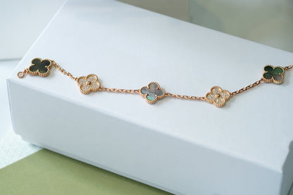 [Lumi Jewelry]CLOVER 5 MOTIFS DARK MOP AND DIAMONDS PINK GOLD BRACELET