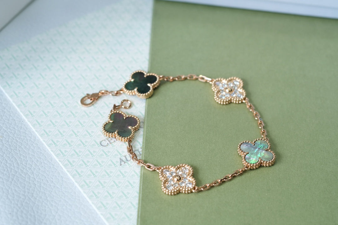 [Lumi Jewelry]CLOVER 5 MOTIFS DARK MOP AND DIAMONDS PINK GOLD BRACELET